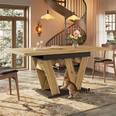 Image de OKWISH Table à Manger - Table Extensible Moderne avec Rangement et Pieds en W, MDF et PB, Noir et Bois Naturel