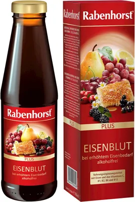 Obrázok produktu pre OVOCNÝ A BYLINKOVÝ NÁPOJ SO ŽELEZOM A VITAMÍNMI C, B1, B2, B6, B12 450 ml - RABENHORST