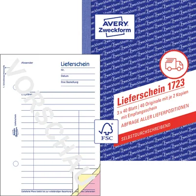 Produktbild von Avery Zweckform 1723, Lieferscheine mit Empfangsschein, A6, selbstdurchschreibend, 3x40 Blatt