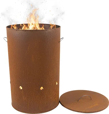 Produktbild von Relaxdays Feuertonne, Cortenstahl, Rostoptik, HxD: 60 x 38,5 cm, Industrial Feuerschale mit Deckel, Garten, rotbraun