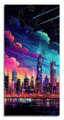 Produktbild von Wallario Design Wanduhr Skyline im Abendlicht aus Echtglas, Größe 30 x 60 cm