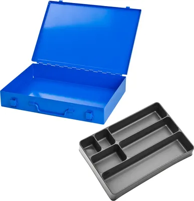 A blue metal toolbox and a gray organizer tray are shown against a white background.