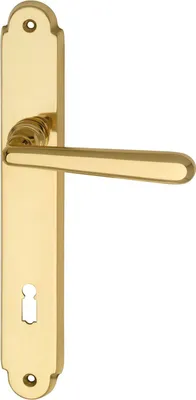 A polished brass door handle set with a keyhole plate, presented against a white background.