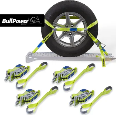 Produktbild von 4x BullPower Spanngurte AZG151 - Autotransport PKW Zurrgurte Reifengurte Transportsicherungen 35mm - LC 3000 kg / daN mit Trapezband, Ratsche und Haken