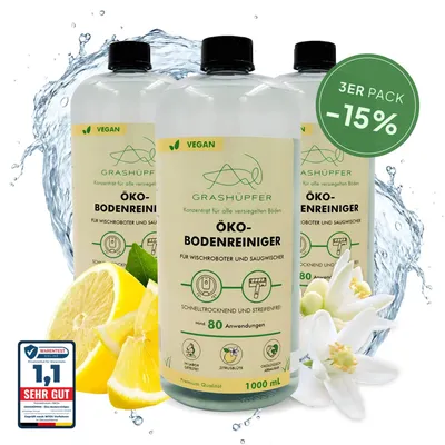 Produktbild von 3er Set - GRASHÜPFER® Wischroboter Reinigungsmittel I Öko-Bodenreiniger Mittel 3 x 1000 ml "Zitrusblüten Duft"