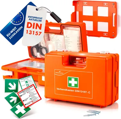 Produktbild von WALSER Erste-Hilfe-Set nach DIN 13157:2021, Betriebsverbandkasten 2026 inkl. Wandhalterung, 84-teiliger Sanitätskasten, Verbandskasten für Betriebe bis 50 Personen, Erste Hilfe Kasten für Büro/Zuhause