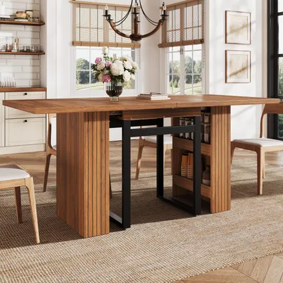 Productafbeelding van Uittrekbare eettafel met geïntegreerde opbergruimte, stevige metalen poten, compacte familietafel, keukentafel voor keuken en eetkamer, donkerbruin