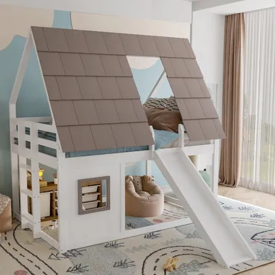 A child's bedroom with a house-shaped loft bed featuring a slide and a window.