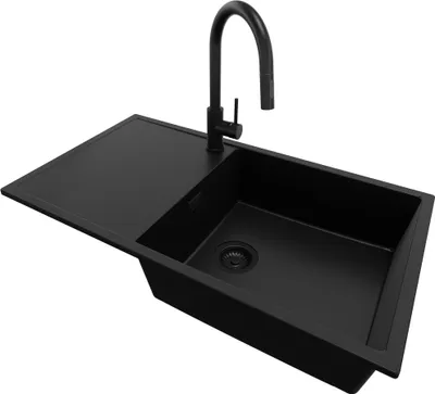 Produktbild von PRIMAGRAN Granitspüle Alles Schwarz 90x50cm, Spülbecken 1 Becken + Küchenarmatur 40x20cm + Ablauf-Set, Küchenspüle ab 60er Unterschrank - Ibiza