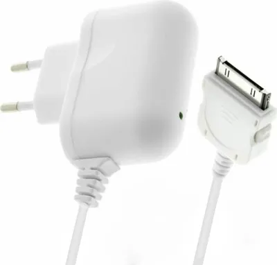 A white iPhone charger with a white charging cable and a white 30-pin Apple connector.
