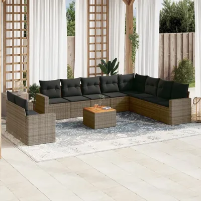 Produktbild von Design 11-tlg. Garten-Sofagarnitur mit Kissen Grau Poly Rattan, Gartenmöbel-Sets 2024 Neu
