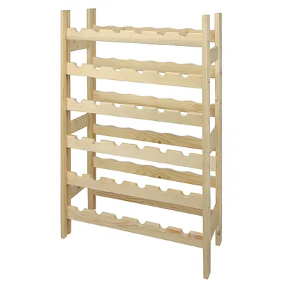 A wooden wine rack with multiple shelves.
