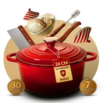 Produktbild von Brottopf 24 cm – Gusseisen Topf zum Brotbacken als Dutch Oven – Emaille Brotbacktopf & Brotbackform – Bratentopf / Schmortopf mit Deckel für Induktion