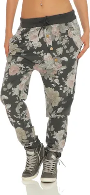 Produktbild von 130 Damen Jogginghose Hose Sweatpants Baumwolle Freizeithose Boyfriend Baggy Haremshose Einheitsgröße (36-40) Blumen Muster Print, Graphit
