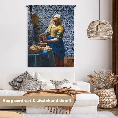 Produktbild von MuchoWow® Wandteppich Wandbehang Milchmädchen - Delfter Blau - Vermeer - Gemälde - Alte Meister 90x120 cm Tapisserie Dekoration Wandtuch - Wanddeko
