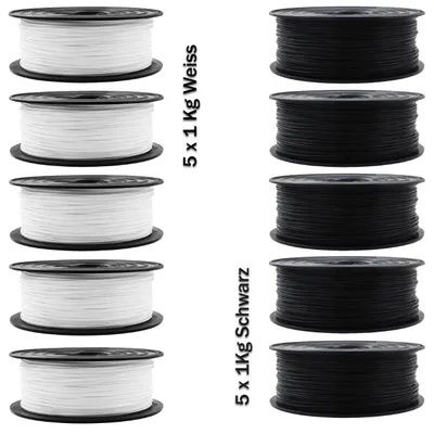 Produktbild von PLA Filament 1,75mm 3D Drucker oder Stift 10er Set 5x 1Kg schwarz 5x 1Kg weiß
