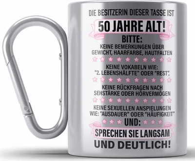Produktbild von Trendation - 50. Geburtstag Frauen Edelstahl Tasse Karabiner Geschenk Geschenkidee 50er Geburtstag Spruch Perfektion Mama Mutter Lustiger Spruch Witzig (Silber)
