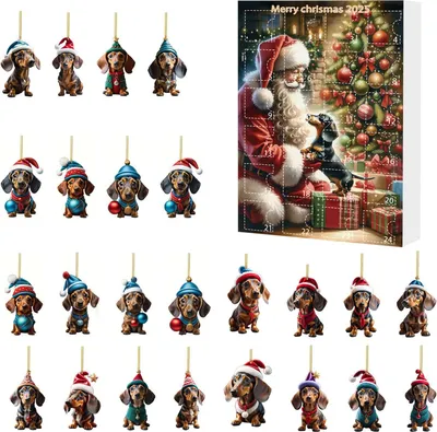 Produktbild von 2025 Weihnachts-Dackel-Adventskalender, 24 Tage Countdown bis zur Weihnachtsdekoration, Sammlerstück, 2D-Acryl-Hundeanhänger-Set zum Aufhängen für die Inneneinrichtung