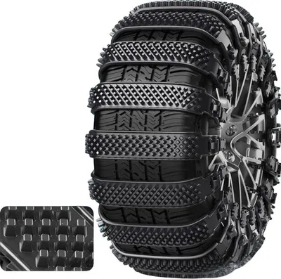 A close-up, studio shot of a tire with a unique tread pattern, against a white background.