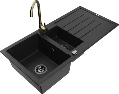 Produktbild von Mexen Andres 1,5-Becken-Granitspüle mit Abtropffläche und Mischbatterie Telma, Schwarz - 6515-77-670200-50-B