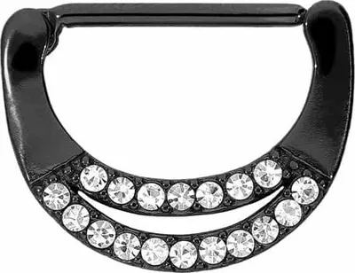 Produktbild von Brustwarzenpiercing, Chirurgenstahl Nippelpiercing Clicker ZWEIREIHIG 18 KRISTALLE Schwarz Stablänge: 16mm