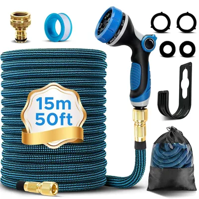 Image de Tuyau d'arrosage extensible - Tuyau d'arrosage flexible - 15 m - 10 modes de pulvérisation - Sac de rangement