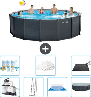 Produktbild von Intex runder Pool mit graphitgrauem Paneel – 478 x 124 cm – inklusive Pumpe – Leiter – Bodenplane – Abdeckung Wartungspaket - Filterbälle - Solarmatte