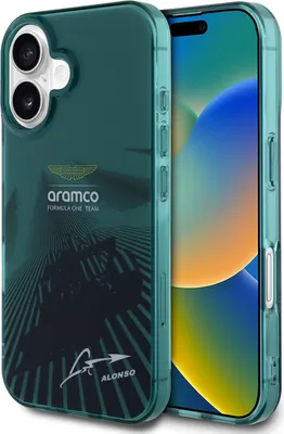 Immagine prodotto di Aston Martin iPhone 16 Custodia cover posteriore - IML F1 Car - Alonso Signature - Verde