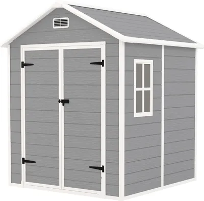 Produktbild von Gartenschuppen, Geräteschuppen mit Boden, verschließbare Türen, Lüftungsöffnungen, Fenster, Holzoptik, Kunststoff, Grau