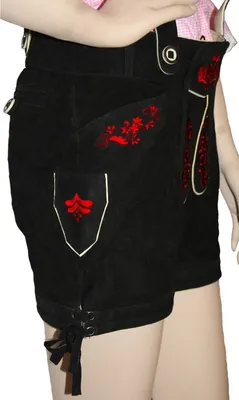 Produktbild von Damen Kurze trachtenlederhose damenlederhose Schwarz/rot Ziegenleder Wildbockleder, Größe:46