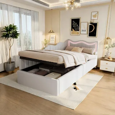 Produktbild von Polsterbett Schlafsofa 90x200, Jugendbett mit LED Kopfteil & Hydraulischem Stauraum, Tagesbett Einzelbetten Bettgestell, Weiß Samt Gepolsterte Bett