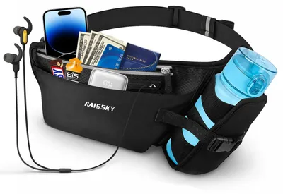 Produktbild von Laufgürtel Bauchtasche Hüfttasche - Wasserdicht - Reflektierend - 62 bis 125 cm Taillenumfang - Mit Telefonfächern