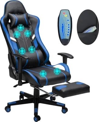 Obrázek produktu pro Masážní herní židle - GC-RC03 Kancelářská židle - Ergonomická - 7bodová masáž - Opěrka nohou - Bederní opěrka - Výškově nastavitelná - Pravá kůže - Černá/modrá