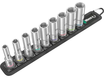 Obrázek produktu pro Wera 05004545001, Sada zdířek, 3/8", Metrický, 9 hlava/hlavy, 8,10,12,13,15,16,17,18,19 mm, 320 mm