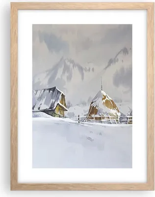 Produktbild von Gerahmtes Poster - Rahmen in heller Eiche - Haus Berge Schnee - 30x40 cm - Wand Bild - Wanddeko - Wandbilder - Kunstposter - Wandposter - Bilderrahmen - Bilder - Kunstdruck - P2NPA30x40-4806
