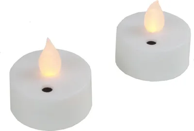 Two white LED tea lights with flickering yellow flames are shown against a white background.