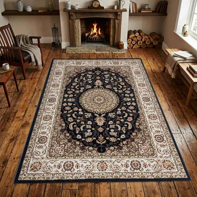 Productafbeelding van Donkerblauw tapijt met crème kleur en een gestructureerd medaillonmotief. Afmetingen: 80 x 150 cm