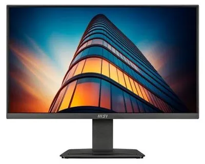 A black MSI monitor displaying a colorful image of a modern skyscraper.