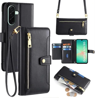 Produktbild von Handykette für Samsung Galaxy A26 Hülle mit Band Handyhülle Kartenfächer Kunstleder Umhängetasche in Schwarz