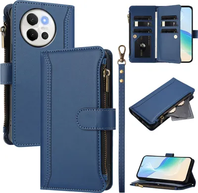 Obrázek produktu pro Pouzdro pro Vivo V40 Lite/V30E, zipem, peněženkovéPolyuretankožené flip pouzdro s kapsami na karty, stojánkem a poutkem na ruku modrý