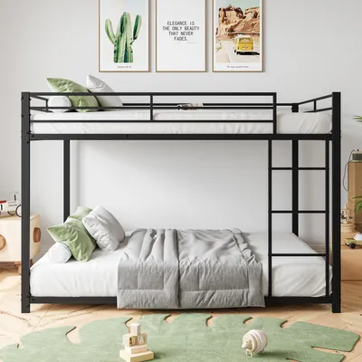 Produktbild von MODFU Etagenbett Kinderbett 140x200cm mit Leiter, Hochbett mit Rausfallschutz, Metallbett Eisenbett Stockbett mit Metallrahmen, Jugendbett Bettgestell, Schwarz