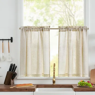 Vitrage-Set 2er-Pack, 75x90 cm, Linnenlook, Bistrogardinen, Beige