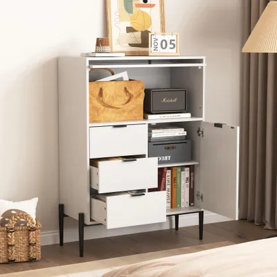 Image de okwish Buffet avec 3 tiroirs, meuble en bois moderne avec grand rangement pour cuisine, buffet avec 1 porte et 1 porte vitrée, rangement pratique – blanc