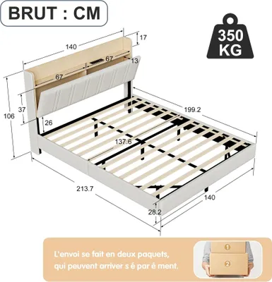 Obrázek produktu pro Postel s čalouněnou konstrukcí, rozměry 140 x 200 cm - manželská postel - s LED osvětlením a zásuvkami - čelo postele s úložným prostorem - hydraulický kovový rám - rošt z dřevěných lamel