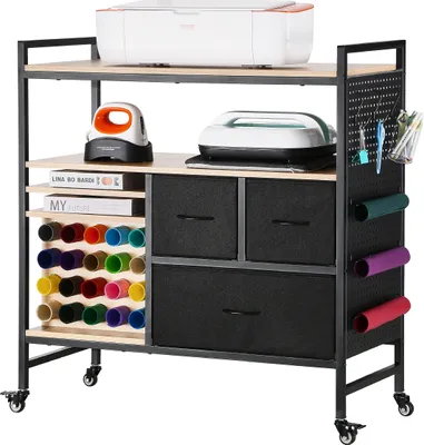 Obrázek produktu pro VEVOR Craft Trolley Servírovací vozík, kompatibilní se stroji Cricut, vozík pro řemeslníky s 20 držáky na vinylové role a 3 zásuvkami, černý