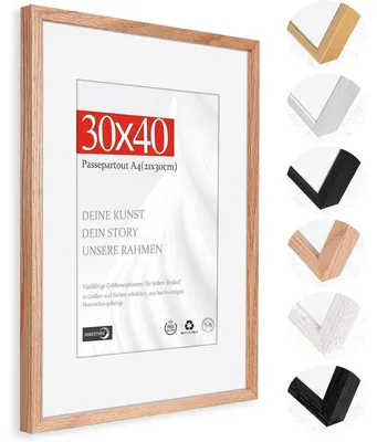 Productafbeelding van Fotolijst 30x40 cm, natuurlijke eikenhout met passe-partout voor 21x30 cm, geschikt voor wandmontage, massief hout, 1,2 cm framebreedte