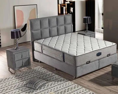 Produktbild von Graues Bett mit Matratze aus Textil und Edelstahl, modernes Design