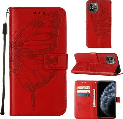 Produktbild von iPhone 11 Pro Max Hülle, Schmetterling Prägung Flip Leder Kartenfächer Schutzhülle Ledertasche mit Ständer für iPhone 11 Pro Max Rot
