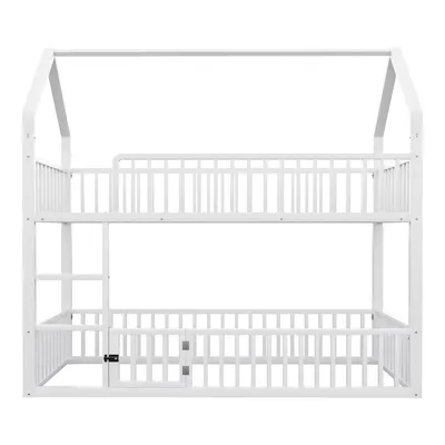 Produktbild von Merax Etagenbett 90x200cm mit Schutzgitter, Haus-Design mit Tür, Kinderbett Metallbett mit Treppe, Doppelbett stabil & sicher, Weiß