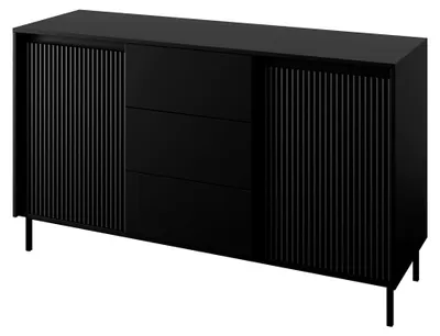 Produktbild von Kommode Ozmi 2D3SZ mit 2 Türen und 3 Schubladen, 4 Fächer, Metallfüße, Push to Open, Türkommode, Highboard, Anrichte, Sideboard (Schwarz)